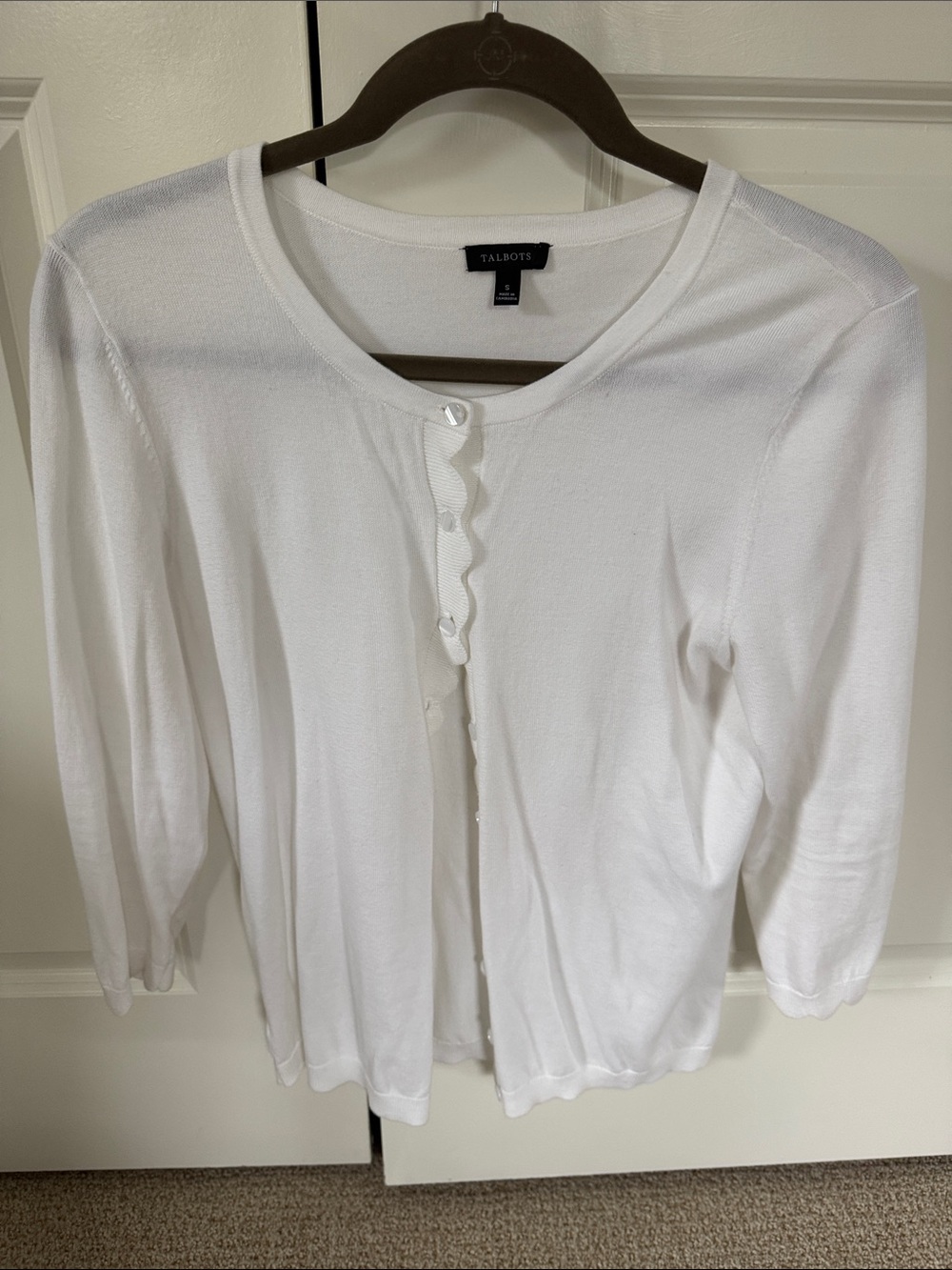 Talbots White Scallop-Trim Button Cardigan